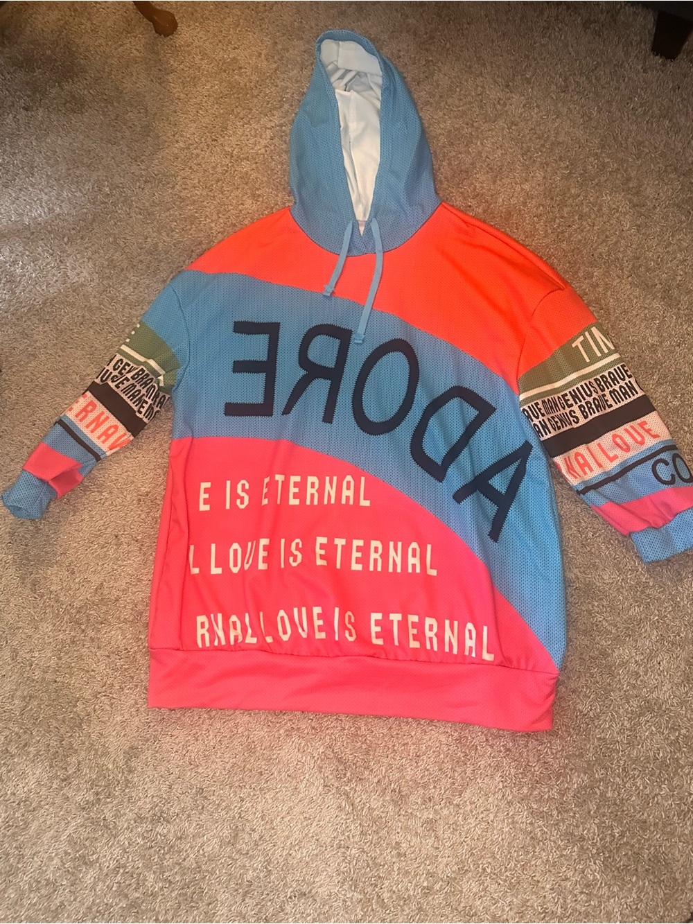 SHEIN NWOT Coral and Sky Blue Colorblock Graphic Hoodie